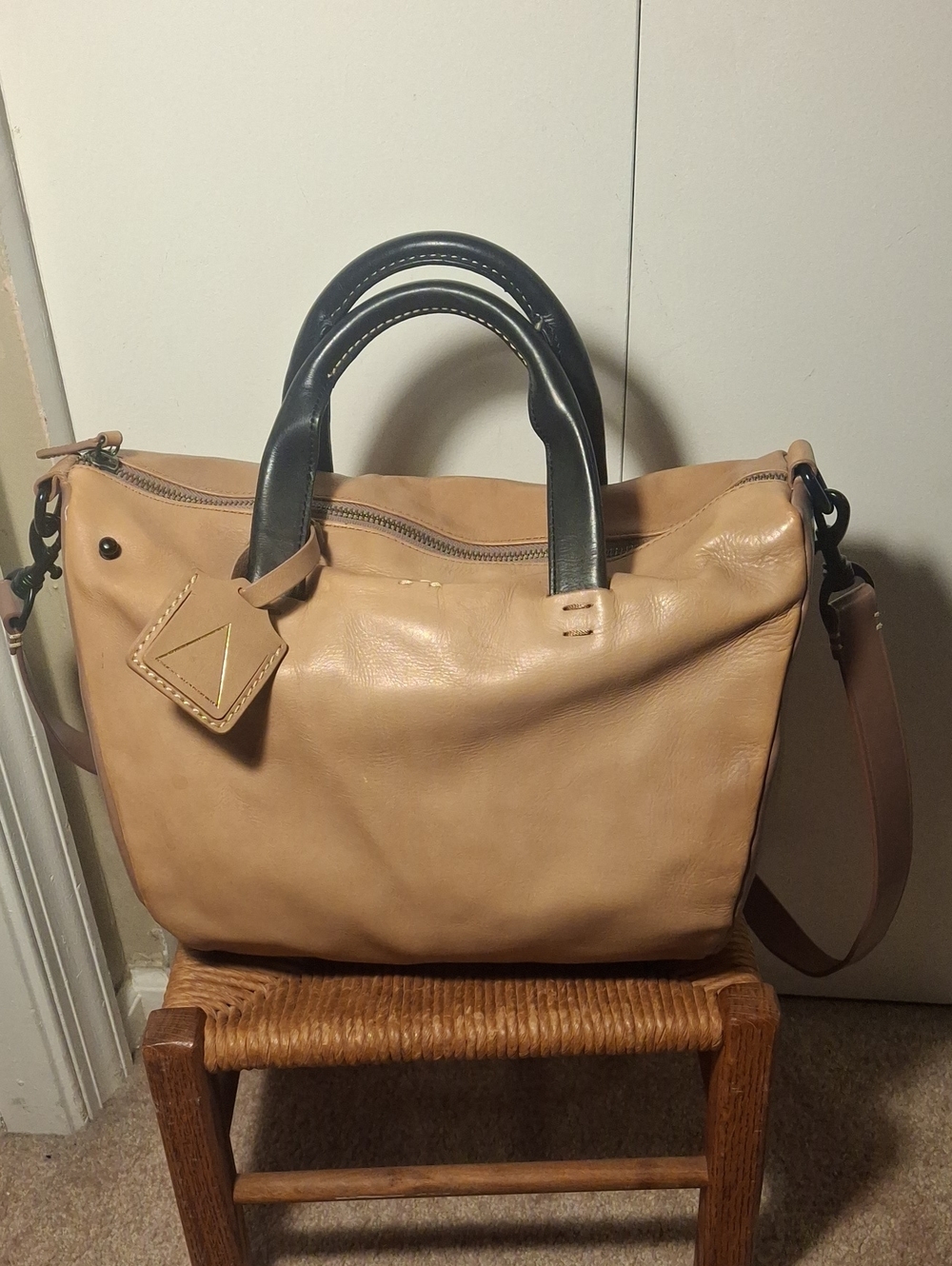 KELSI DAGGER Leather Satchel Tote in Tan with Black Handles